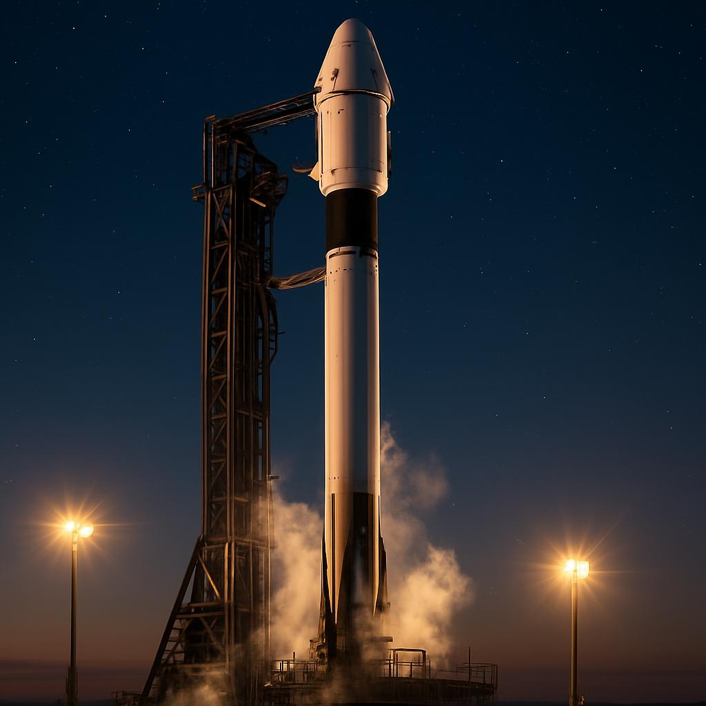 A rocket with a capsule on top stands on a launch pad at dusk, lit by floodlights with vapor rising near the base.