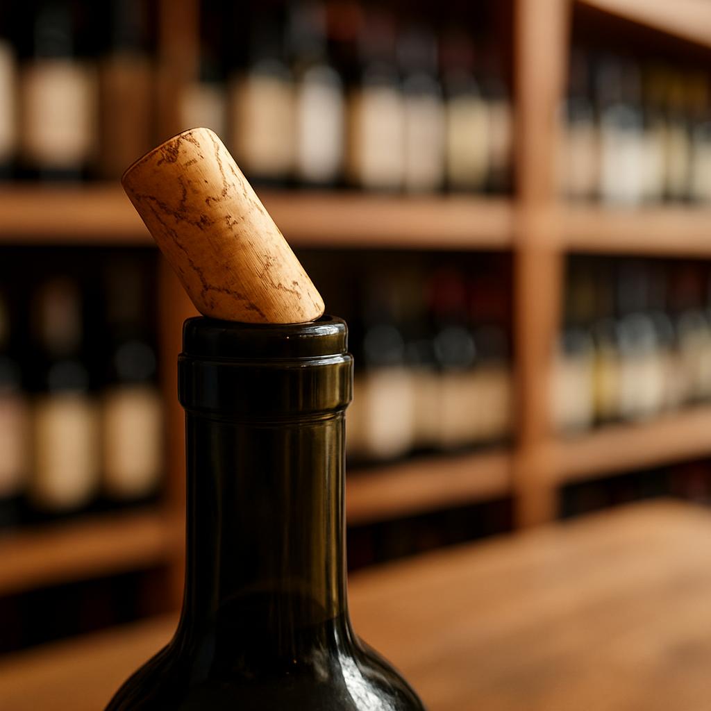 Close-up of a wine bottle with its cork partly pulled out, set on a wooden table with blurred shelves of bottles behind it.