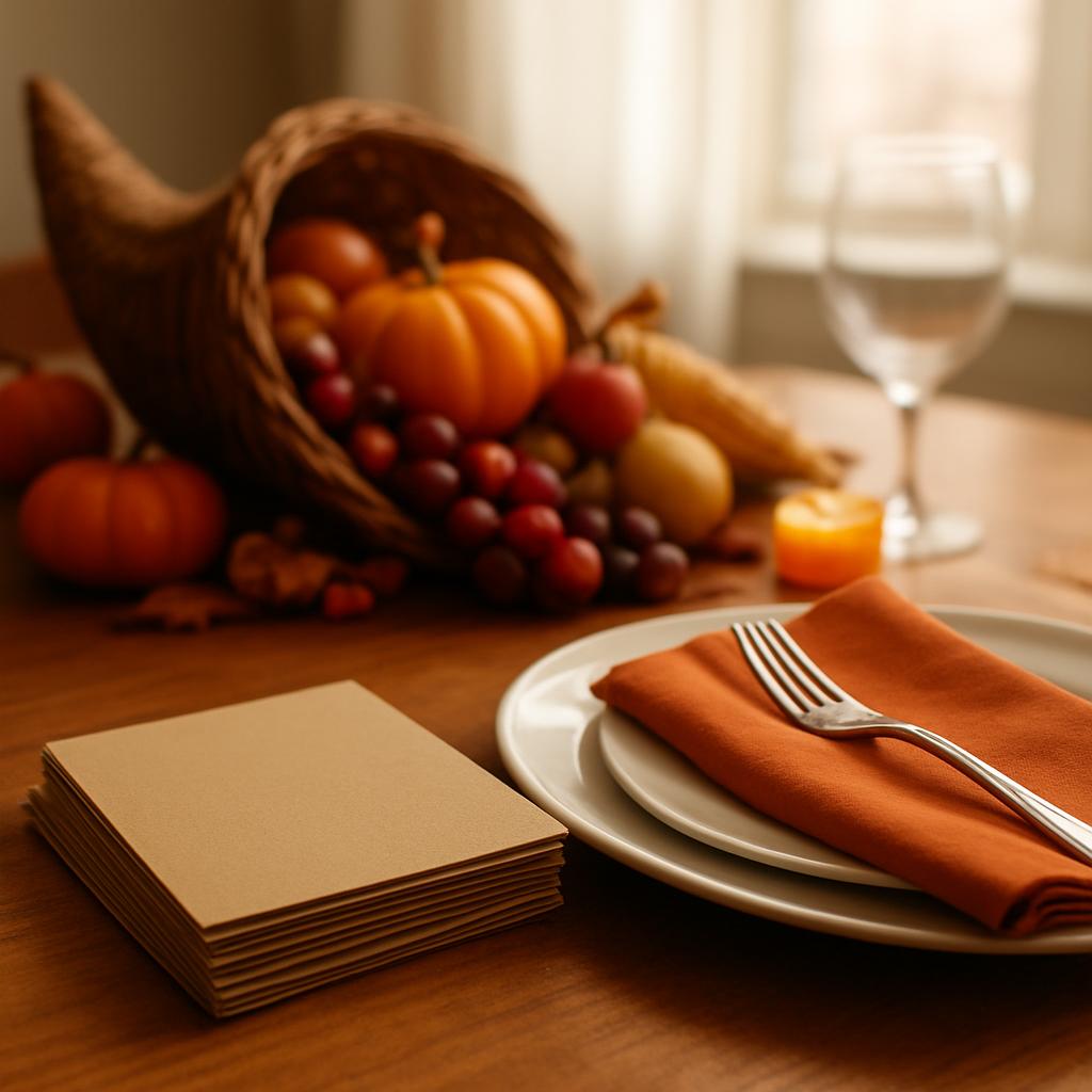 A Thanksgiving table set with a stack of blank gift cards beside a cornucopia centerpiece, lit by soft natural light.