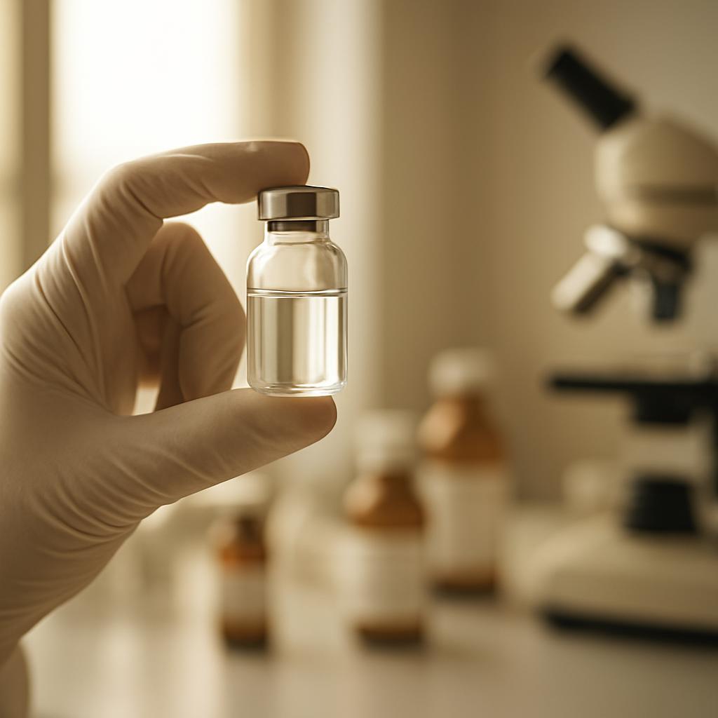 A gloved hand holds a small glass vial up to the light in a lab, with bottles and a microscope blurred behind it.