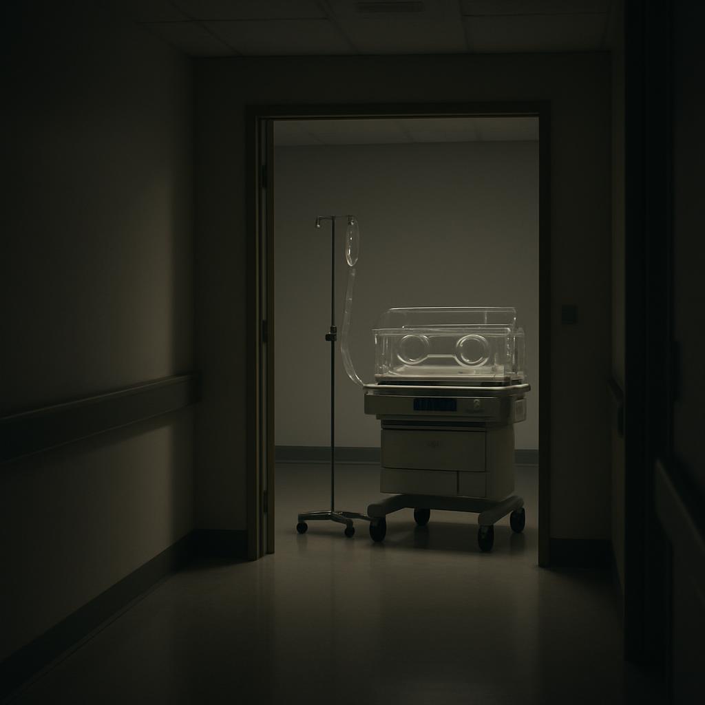 A dimly lit hospital corridor at night with an empty incubator and IV stand visible through an open doorway.