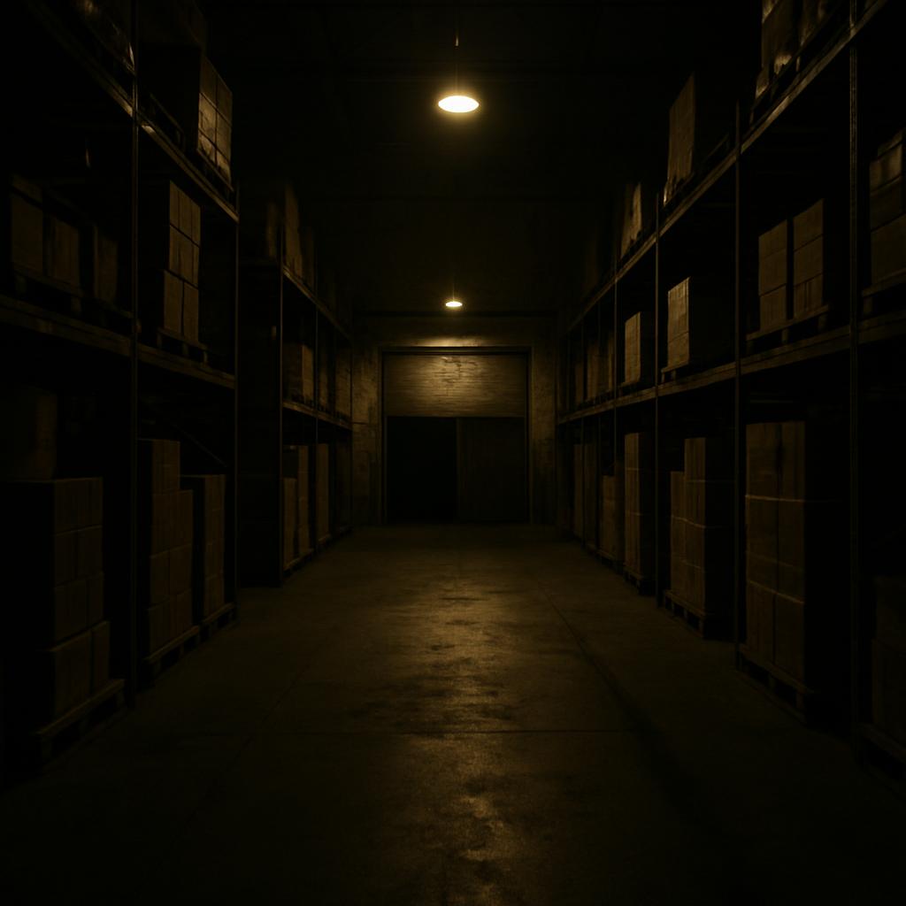 Rows of tall metal shelving with cardboard boxes line a dim warehouse aisle lit by a single security light at night.
