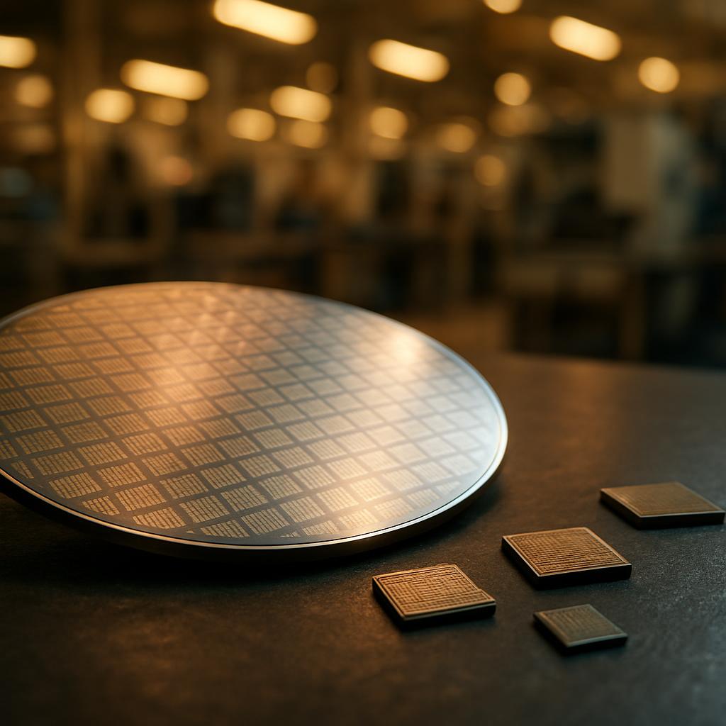 Close-up of a silicon wafer and microchips on a dark workbench, with a semiconductor fabrication facility blurred in the background.