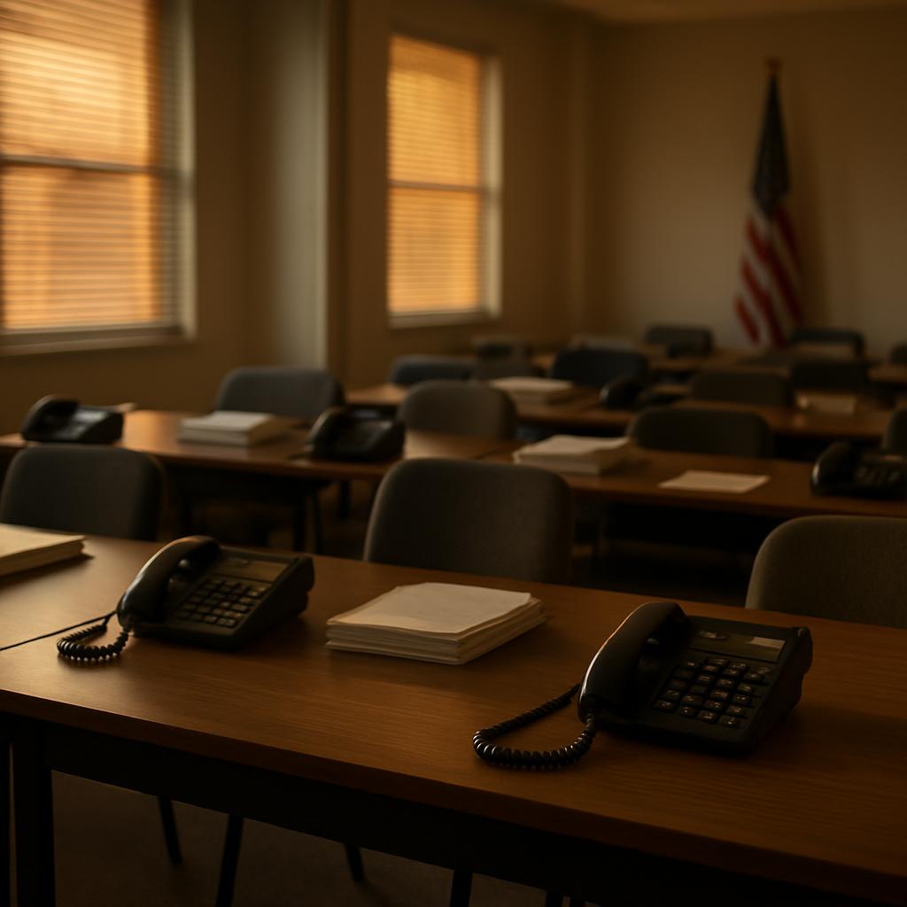 Empty phone bank office at dusk with rows of desks, telephones, and papers, an American flag softly visible in the background.
