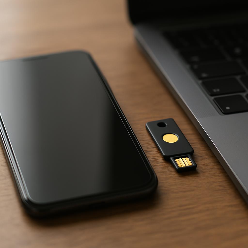 Smartphone, USB security key, and laptop keyboard arranged on a wooden desk in soft natural light.