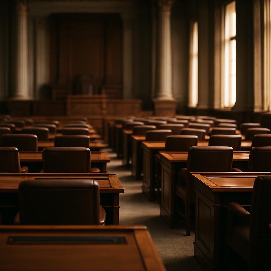Empty legislative chamber with rows of wooden desks and leather chairs lit by tall windows, no people present.