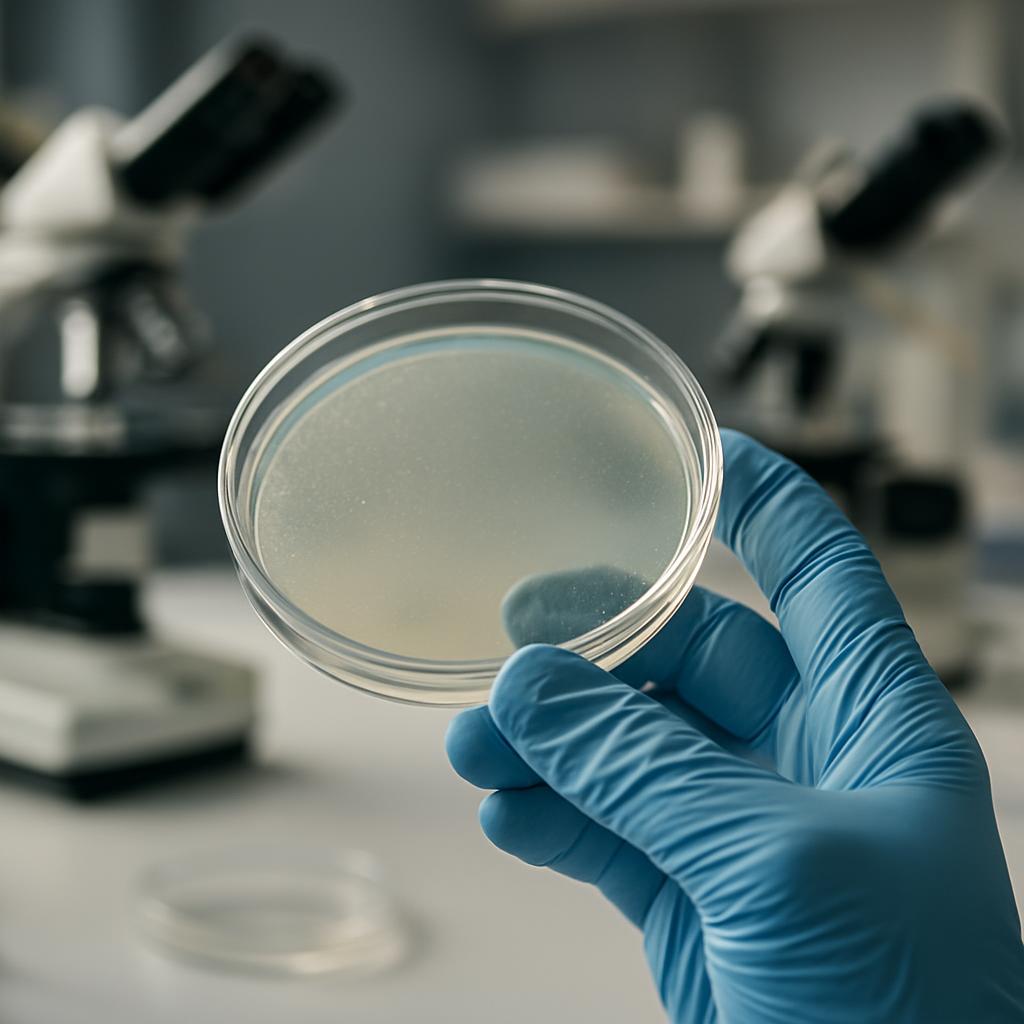 A gloved hand holds a petri dish in a lab, with microscopes and equipment blurred in the background.
