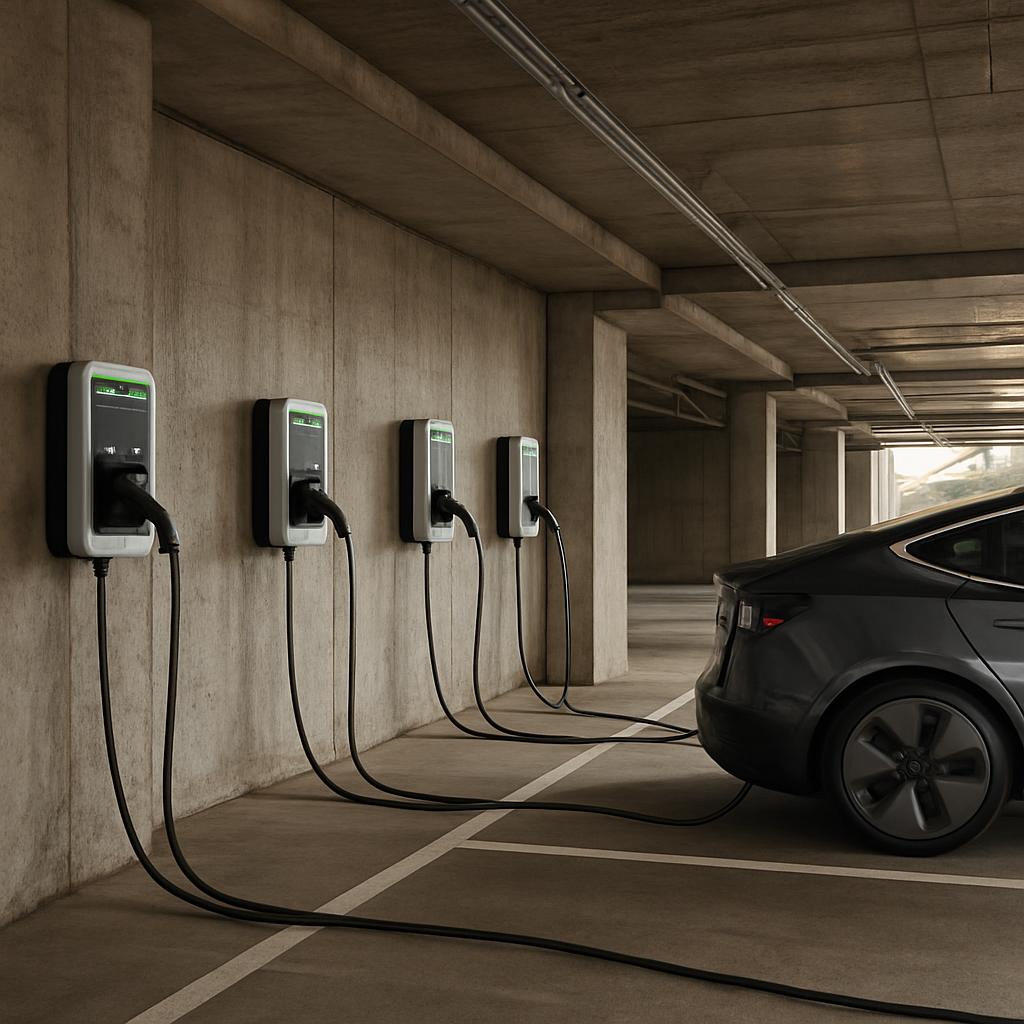 Electric vehicle charging stations line an underground parking garage, with a cable connected to a parked car.