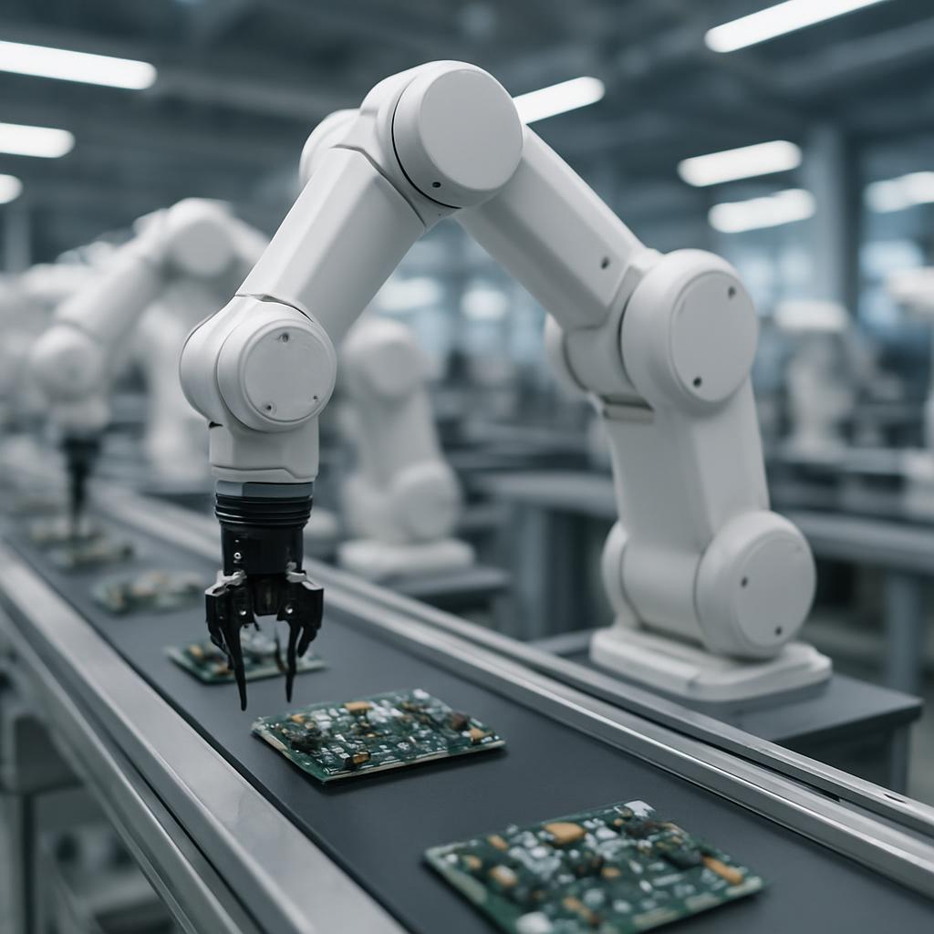 Robotic arms assemble small circuit components on a bright, clean production line inside an electronics factory.