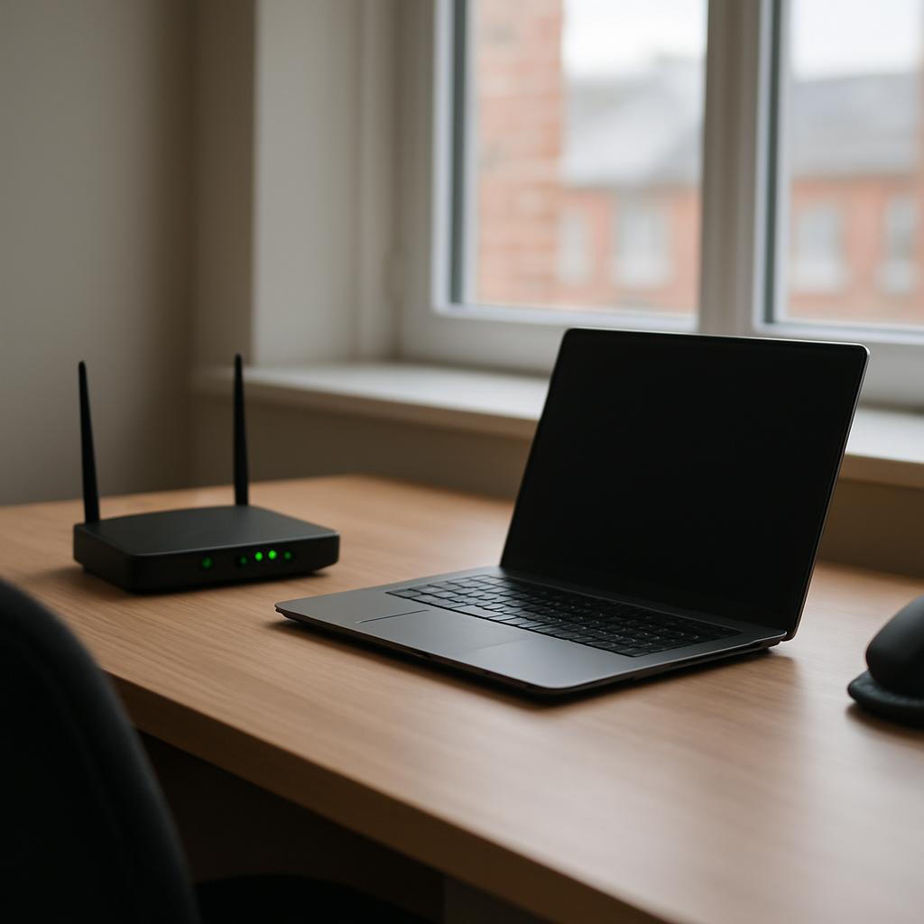 A desk with a laptop and a broadband router with blinking lights sits near a window in a small office.