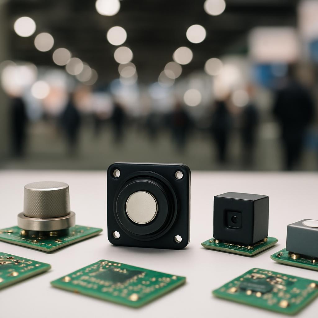 Small sensor components and circuit boards arranged on a workbench with a blurred exhibition hall in the background.