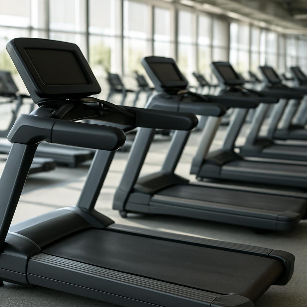An empty treadmill stands in focus with rows of unoccupied treadmills stretching behind it in a sunlit gym.