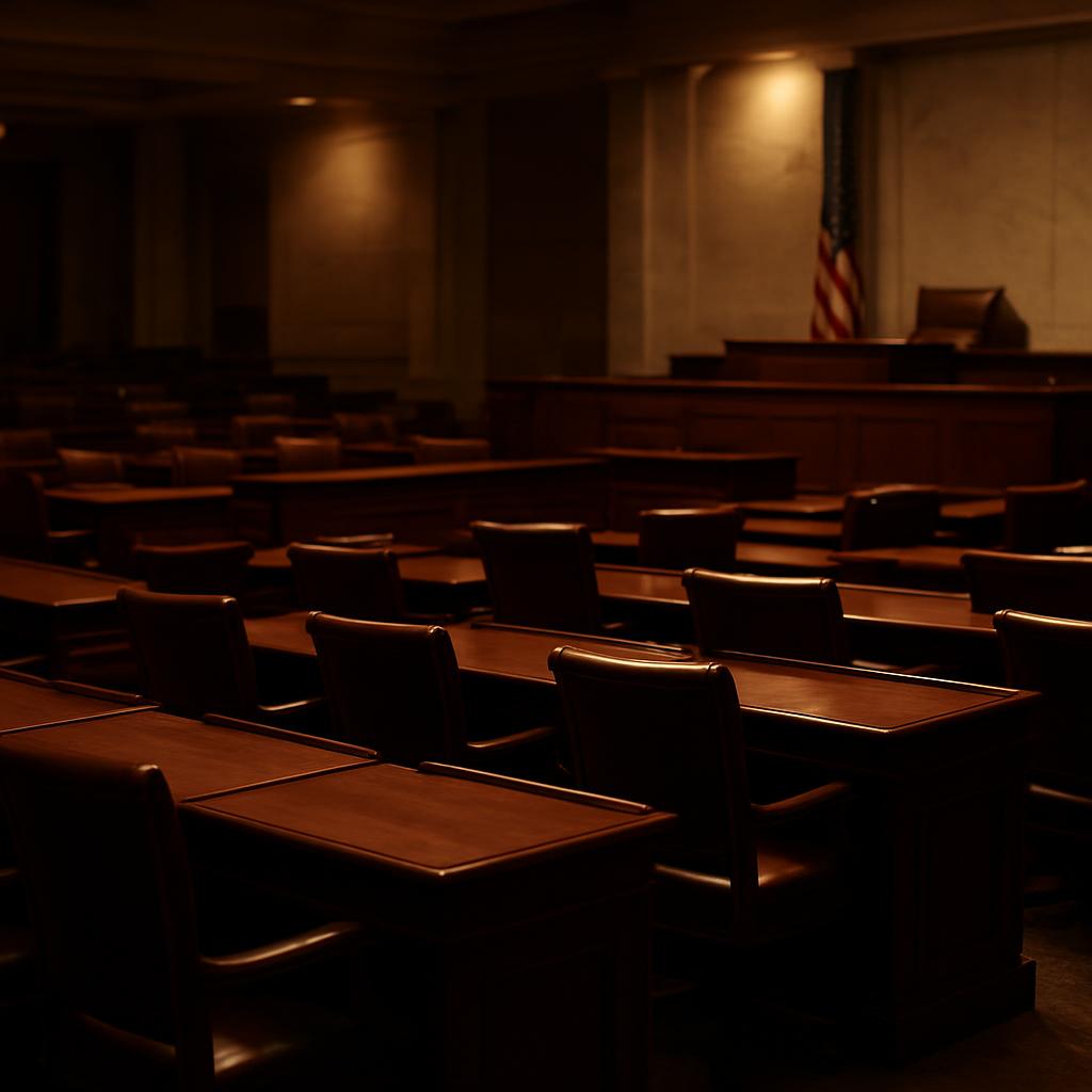 Empty legislative chamber with wooden desks facing a podium and draped flag, lit by soft overhead light at dusk.