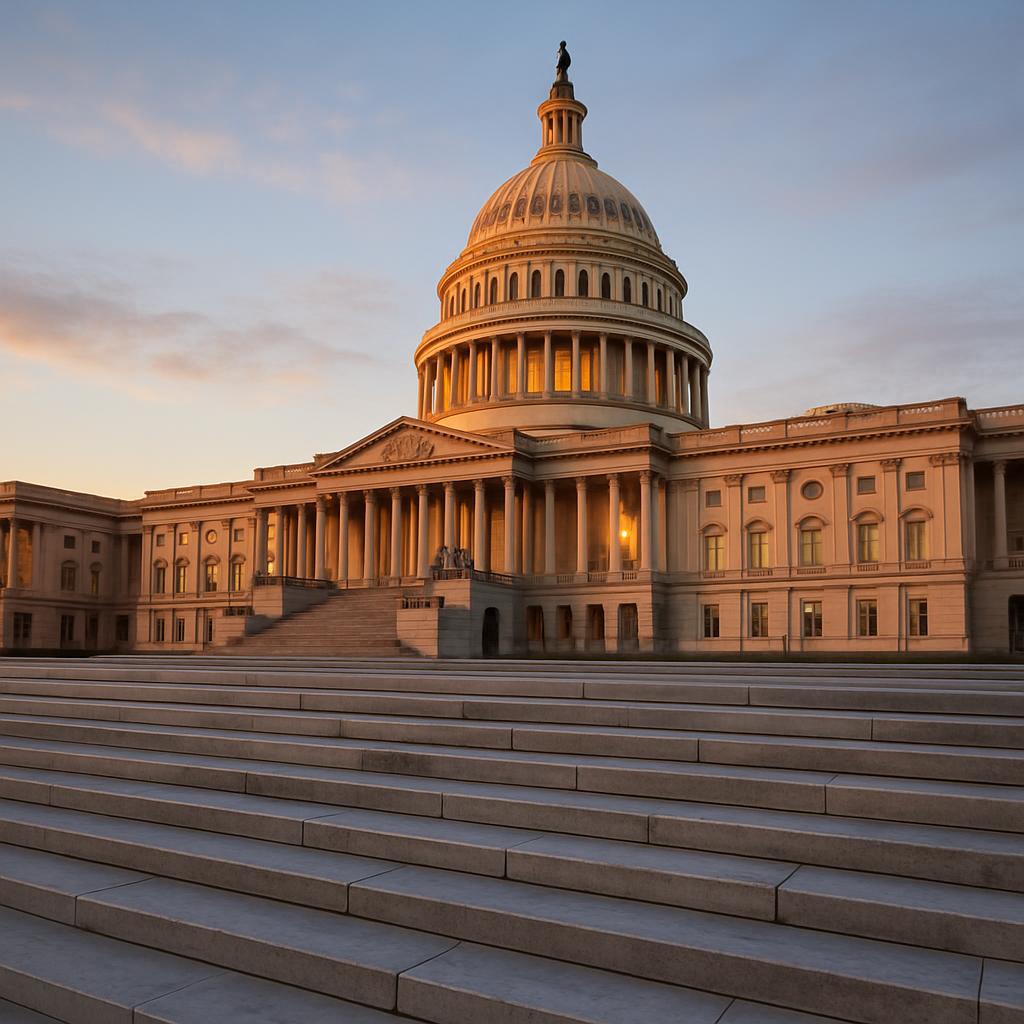 The U.S. Capitol building glows golden at dusk, its empty marble steps leading up to the illuminated dome.