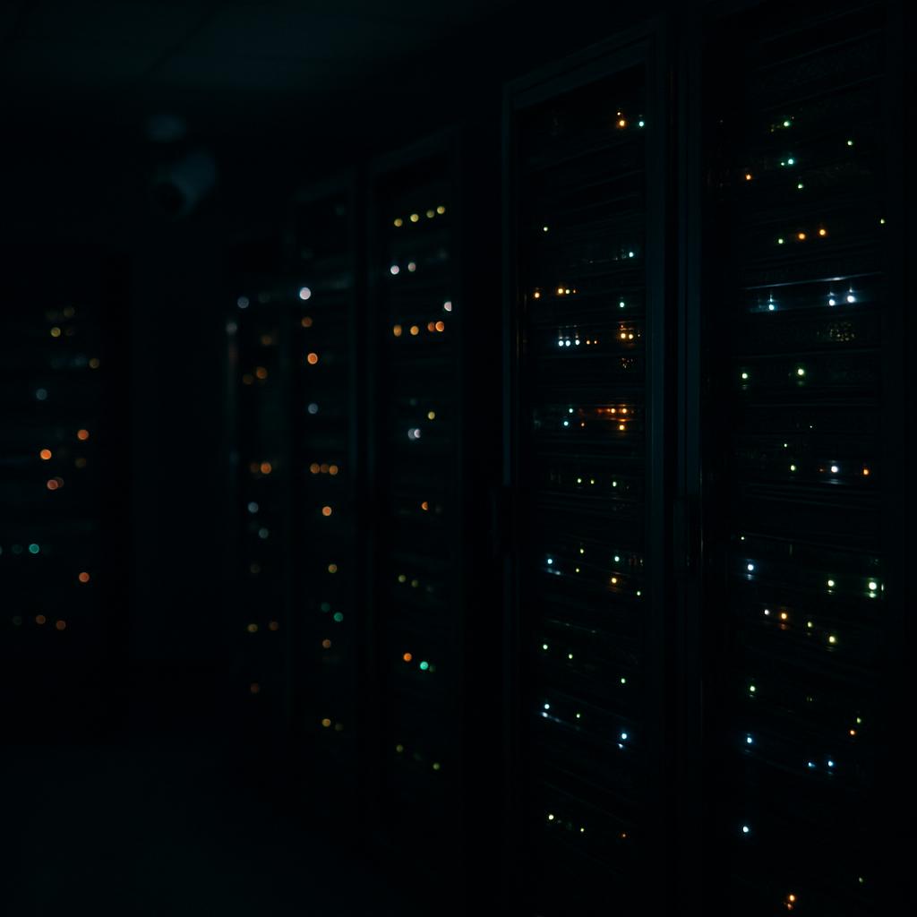Rows of server racks glow with small indicator lights in a dark data center, a security camera mounted in the corner.
