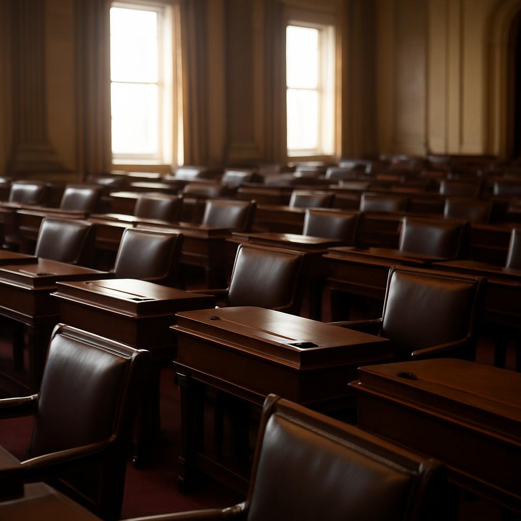 Empty Senate chamber with rows of wooden desks and leather chairs lit by soft light from tall windows.