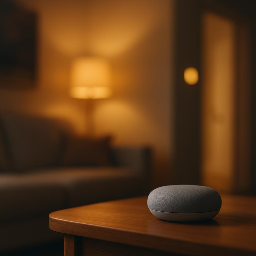 A smart speaker sits on a wooden side table in a cozy, dimly lit living room with a thermostat visible on a hallway wall.
