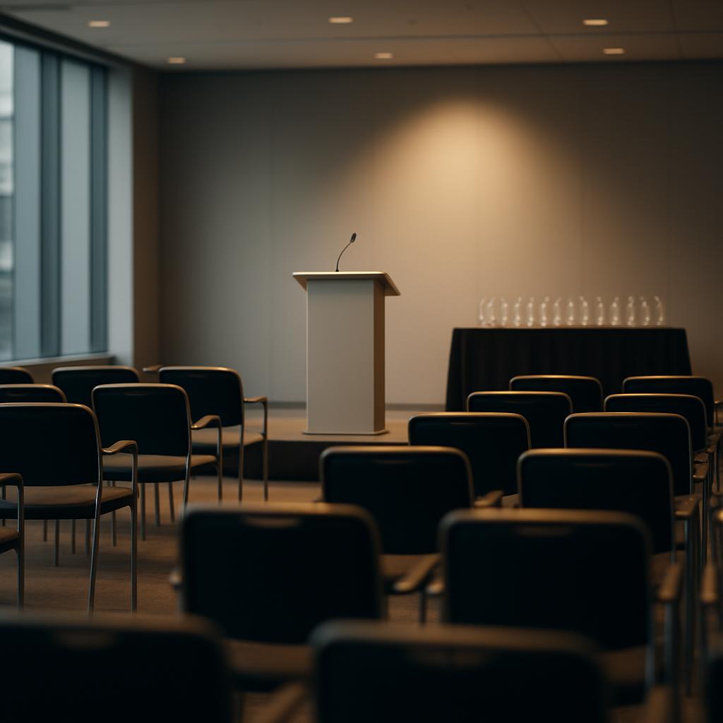 Empty chairs face a spotlighted podium in a modern conference room set up for an awards event.